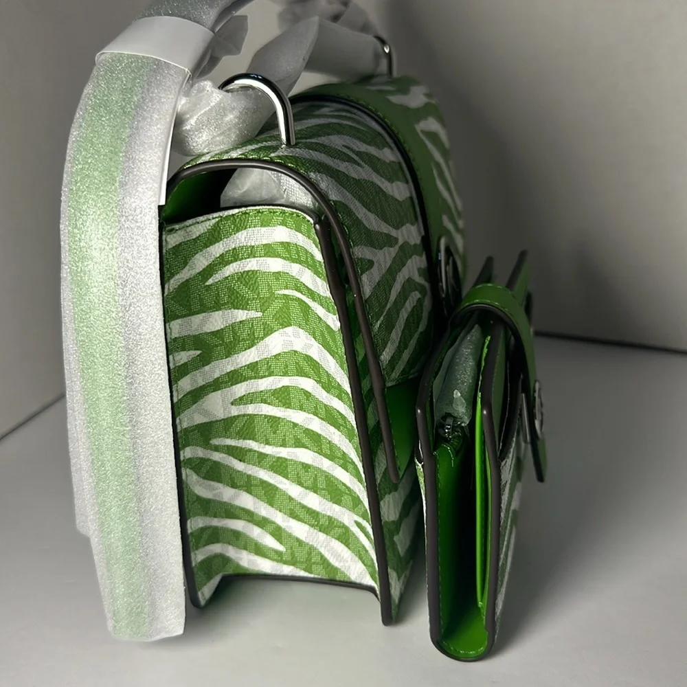 Michael Kors Greenwich Small Green Zebra Animal Print Crossbody Bag & Wallet Set